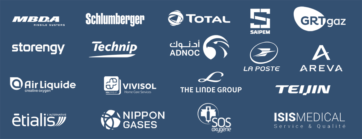 logos clients IoT : MBDA, Schlumberger, Total, GRT gaz, La Poste, Areva, Air liquide SOS oxygène